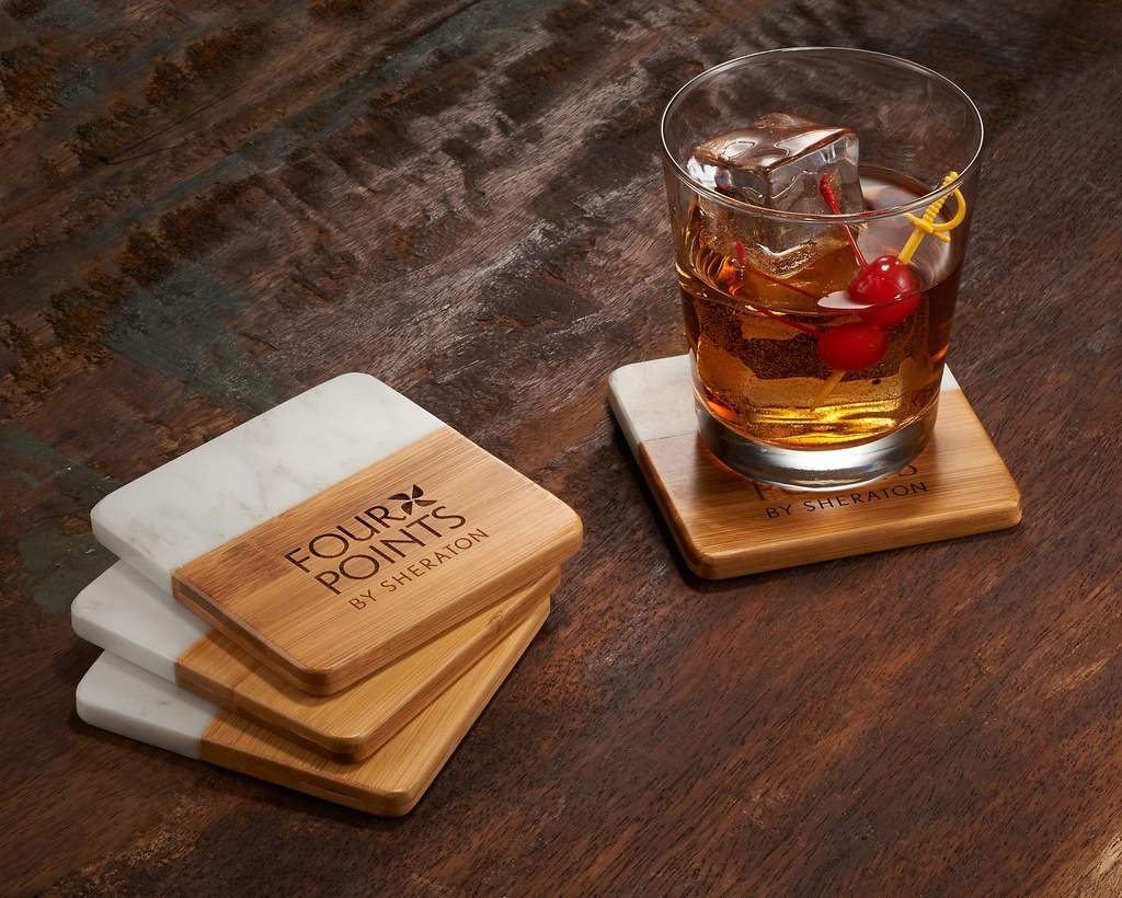 Marble And Bamboo Coaster Set